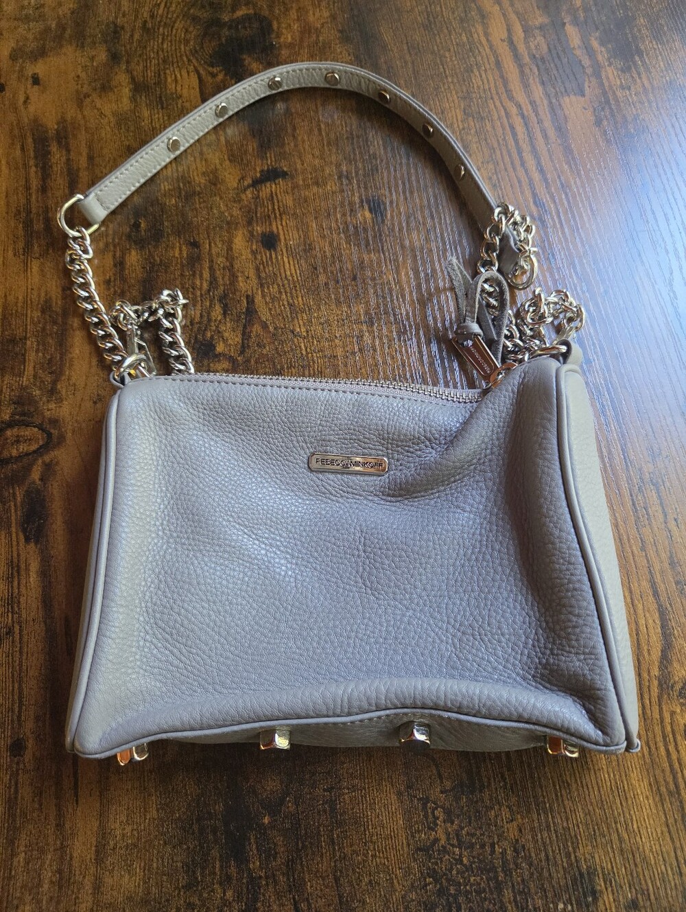 Rebecca Minkoff Taupe/Gray Pebbled Leather Chain-Accent Shoulder Bag